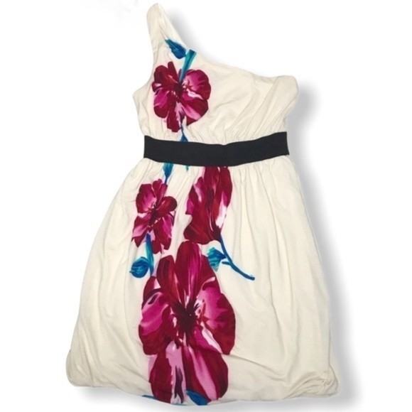 Floral One-Shoulder Ivory Elastic A-Line Mini Dress - Picture 1 of 7